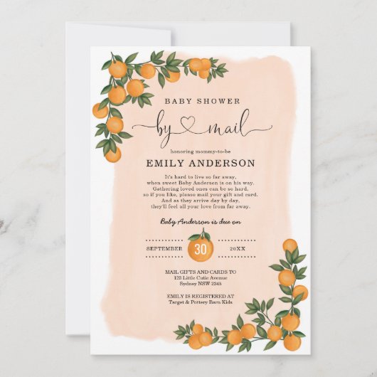 Orange Citrus Süsse Babydusche durch Mail Quaranti Einladung (Vorderseite)