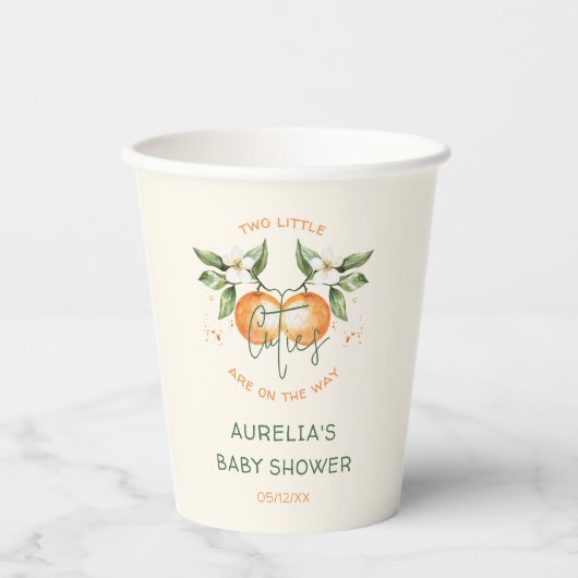 Orange Citrus Two Little Cuties Twin Baby Shower Pappbecher (Vorderseite)