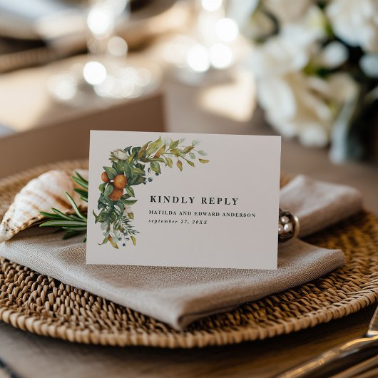 Orange Citrus Watercolor Botanical Wedding RSVP Karte