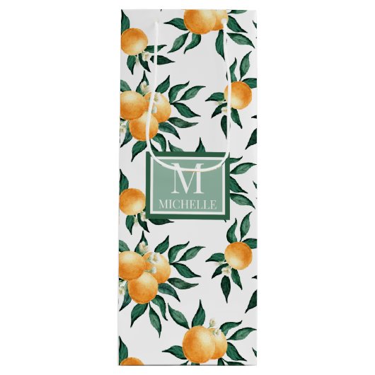 Orange Citrus Watercolor Monogram Name Geschenktüte Für Weinflaschen (Vorderseite)