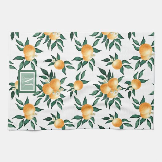 Orange Citrus Watercolor Monogram Name  Geschirrtuch (Horizontal)