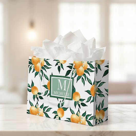 Orange Citrus Watercolor Monogram Name Große Geschenktüte