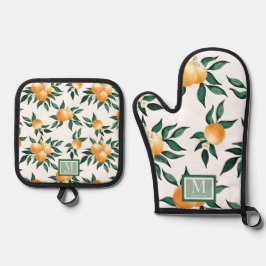 Orange Citrus Watercolor Monogram Name Ofenhandschuh & Topflappen-Set