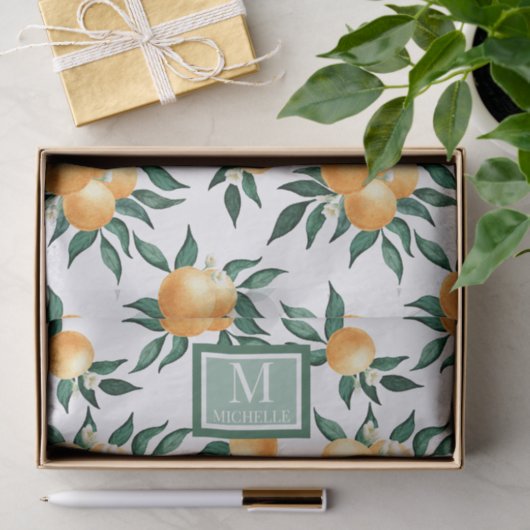 Orange Citrus Watercolor Monogram Name Seidenpapier (Geschenk)