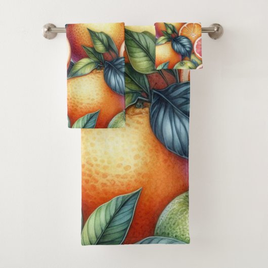 Orange Citrus Whimsical Watercolor Obstbäume & Blü Badhandtuch Set (Insitu)