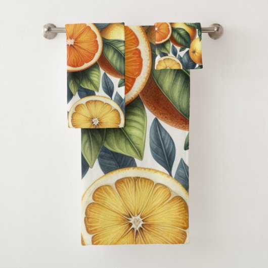 Orange Citrus Whimsical Watercolor Obstbäume & Blü Badhandtuch Set (Insitu)
