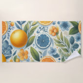 Orange Citrus Whimsical Watercolor Obstbäume & Blü Strandtuch (Vorderseite)