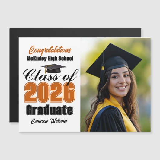 Orange Class of 2026 Graduation Photo Magnet Card (Vorne/Hinten)