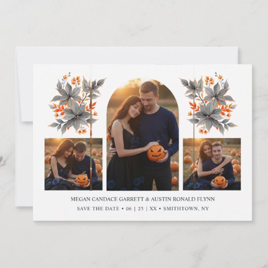 Orange Climbing Arch Grey Bouquets 3-Photo Collage Save The Date (Vorderseite)
