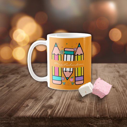 Orange Colorful Lehrer Name Bleistift Cartoon Kaffeetasse