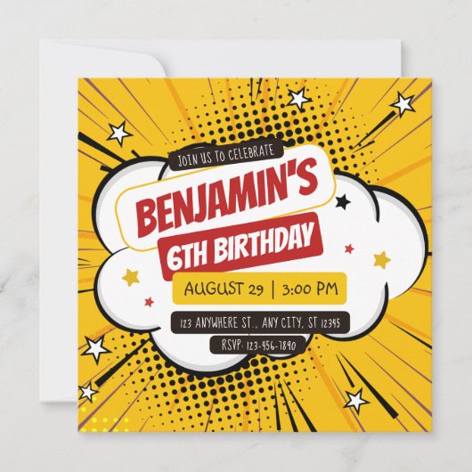 Orange Comic Superhero Pop Art Kids 6th Birthday Einladung (Vorderseite)
