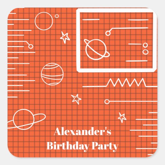 Orange Computer-Raumfahrzeug Planet und Star Quadratischer Aufkleber (Vorderseite)