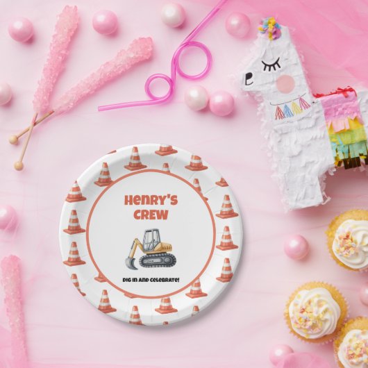 Orange Cone Construction Digger Name Boy Birthday Pappteller (Party)