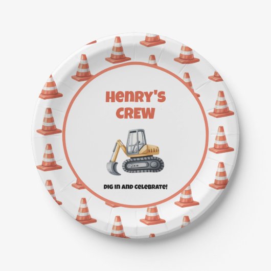 Orange Cone Construction Digger Name Boy Birthday Pappteller (Vorderseite)
