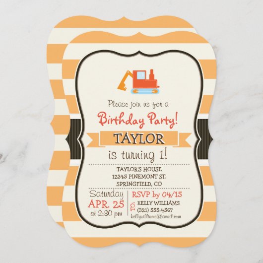 Orange Construction Toy Backhoe Einladung (Vorne/Hinten)