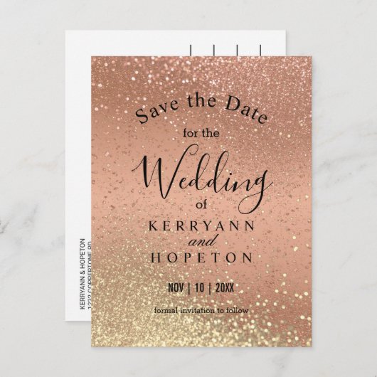 Orange Coral & Gold Glitzer - Save the Date Ankündigungspostkarte (Vorne/Hinten)