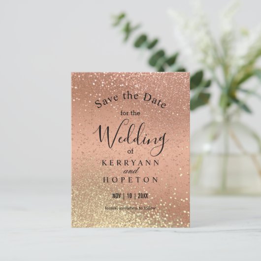 Orange Coral & Gold Glitzer - Save the Date Ankündigungspostkarte (Stehend Vorderseite)