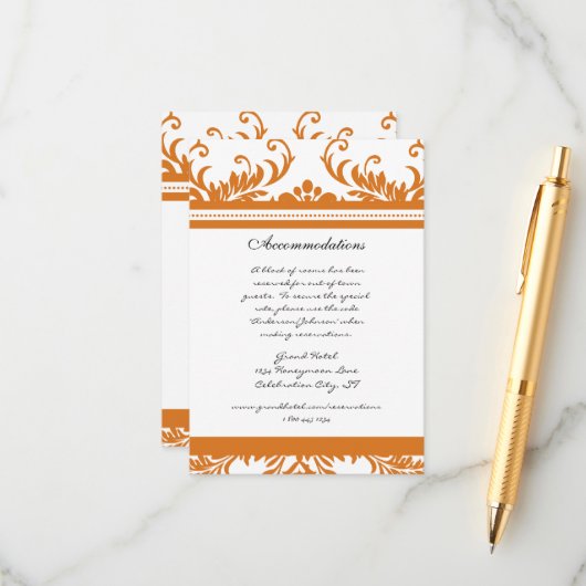 Orange Coral Ivory Damask Wedding Begleitkarte (Vorderseite/Rückseite Beispiel)