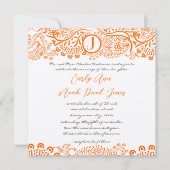 Orange Coral Lovebird Muster Monogram Weddings Einladung (Vorderseite)