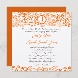Orange Coral Lovebird Muster Monogram Weddings Einladung