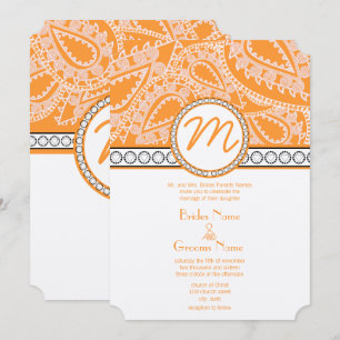Orange Coral Monogram Paisley Wedding Einladung