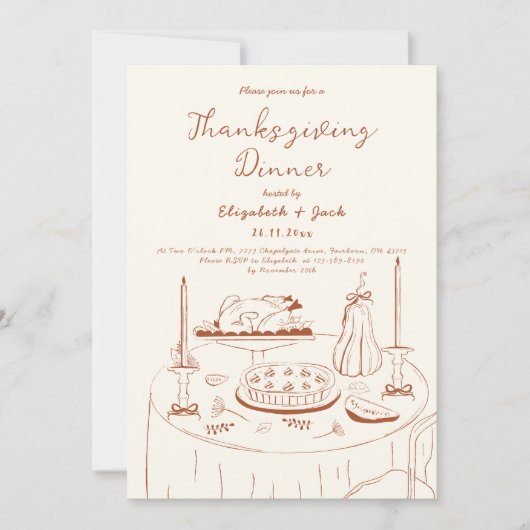 Orange & Cream Hand Drawing Erntedank Abendessen Einladung (Vorderseite)