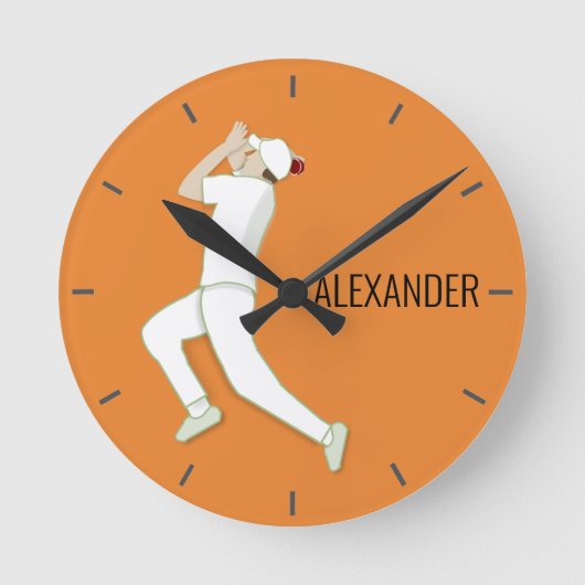 Orange Cricketer Bowling Runde Wanduhr (Vorderseite)