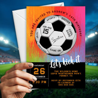 Orange Custom Text on  Soccer Ball  Birthday  Einladung