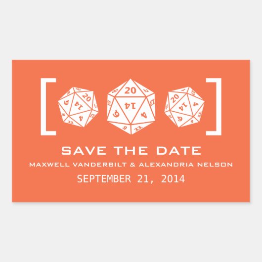 Orange D20 Dice Gamer Save the Date Stickers (Vorderseite)