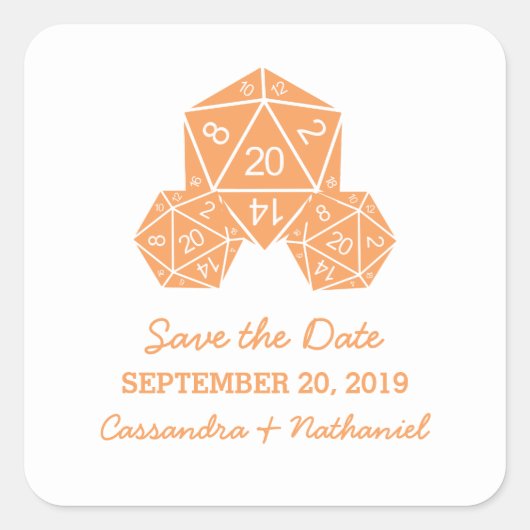 Orange D20 Dice Save the Date Aufkleber (Vorderseite)