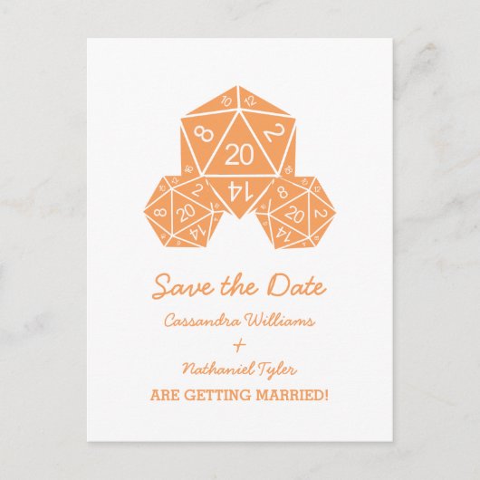 Orange D20 Dice Save the Date Postkarte (Vorderseite)