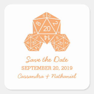 Orange D20-Würfel Save-the-Date-Aufkleber Quadratischer Aufkleber