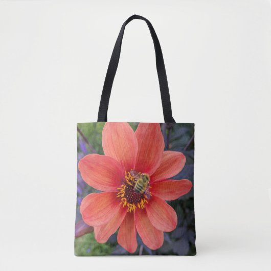 Orange Dahlia mit Fuzzy Bee Floral Tasche (Vorderseite)