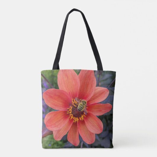 Orange Dahlia mit Fuzzy Bee Floral Tasche (Rückseite)