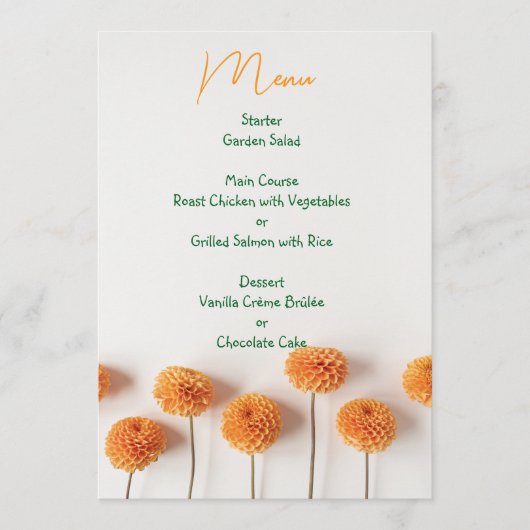 Orange Dahlia Wedding Menu - Warm Floral Elegance Menükarte (Vorderseite)
