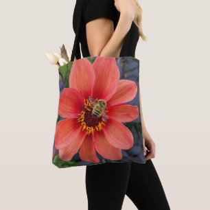 Orange Dahlie mit flauschiger Biene Blumen Tasche