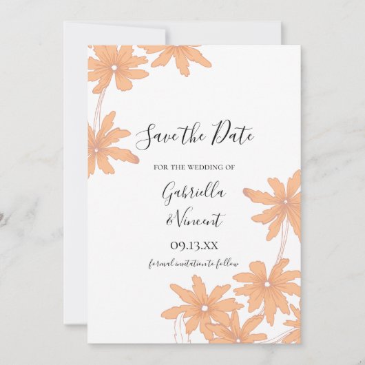 Orange Daisis auf White Wedding Save the Date (Vorderseite)