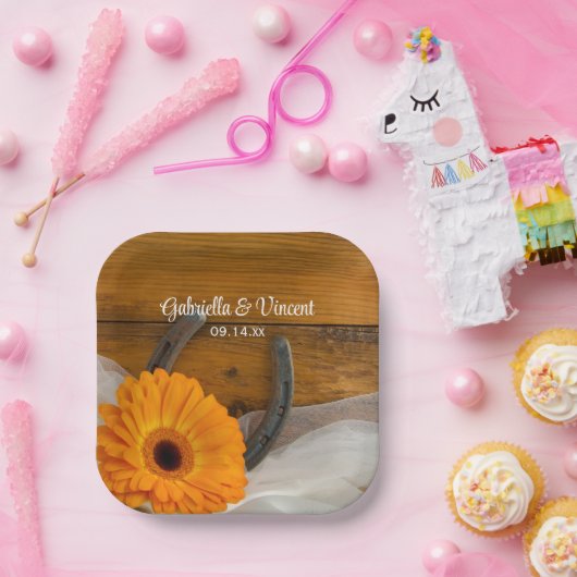 Orange Daisy and Horseshoe Country Western Wedding Pappteller (Party)