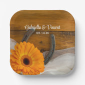 Orange Daisy and Horseshoe Country Western Wedding Pappteller (Vorderseite)