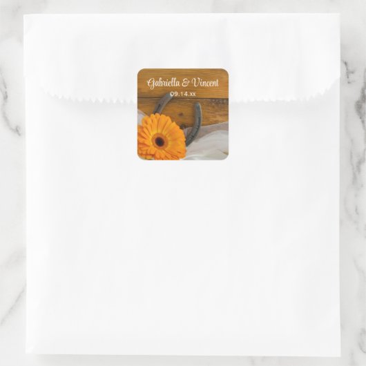 Orange Daisy and Horseshoe Country Western Wedding Quadratischer Aufkleber (Tasche)