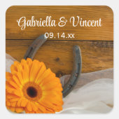 Orange Daisy and Horseshoe Country Western Wedding Quadratischer Aufkleber (Vorderseite)