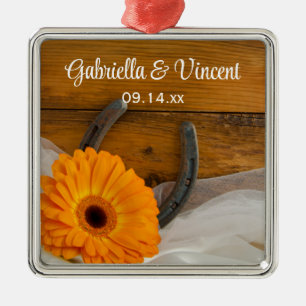 Orange Daisy and Horseshoe Country Western Wedding Silbernes Ornament