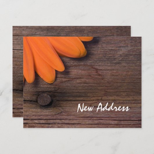 Orange Daisy and Rustic Barn Wood New Address Card Ankündigung (Vorne/Hinten)