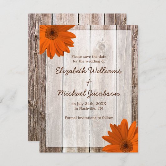 Orange Daisy Barn Wood Ankündigung Datum freihalte (Vorne/Hinten)