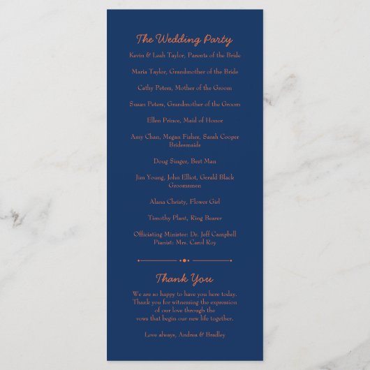 Orange Daisy Blume Navy Blue Wedding Program Programm (Rückseite)