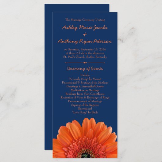 Orange Daisy Blume Navy Blue Wedding Program Programm (Vorne/Hinten)