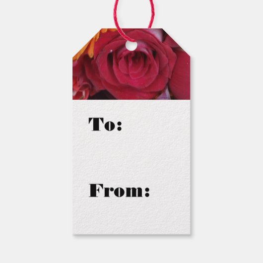 Orange Daisy Blume Rote Rosen Floral Bouquet Geschenkanhänger (Rückseite)