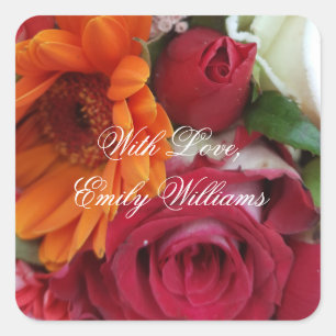 Orange Daisy Blume Rote Rosen Floral Bouquet Quadratischer Aufkleber