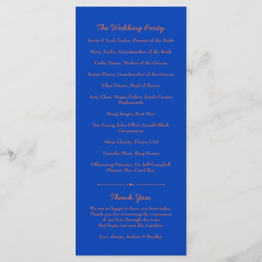 Orange Daisy Blume Royal Blue Wedding Program Programm (Rückseite)