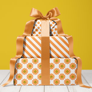 Orange Daisy Floral Stripes Polka Dot Geschenkpapier Set
